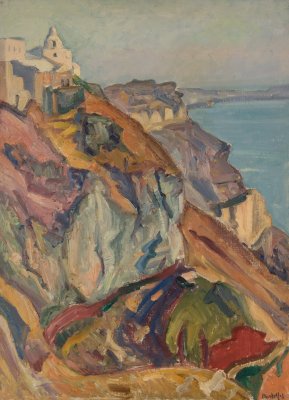 Santorini Rocks with Agios Minas — Oil painting, Canvas, 54.00×73.00cm — Theodoros Markellos